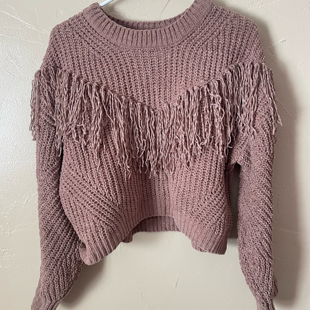 Pink Rose Western Crew Neck Sweater with Fringe